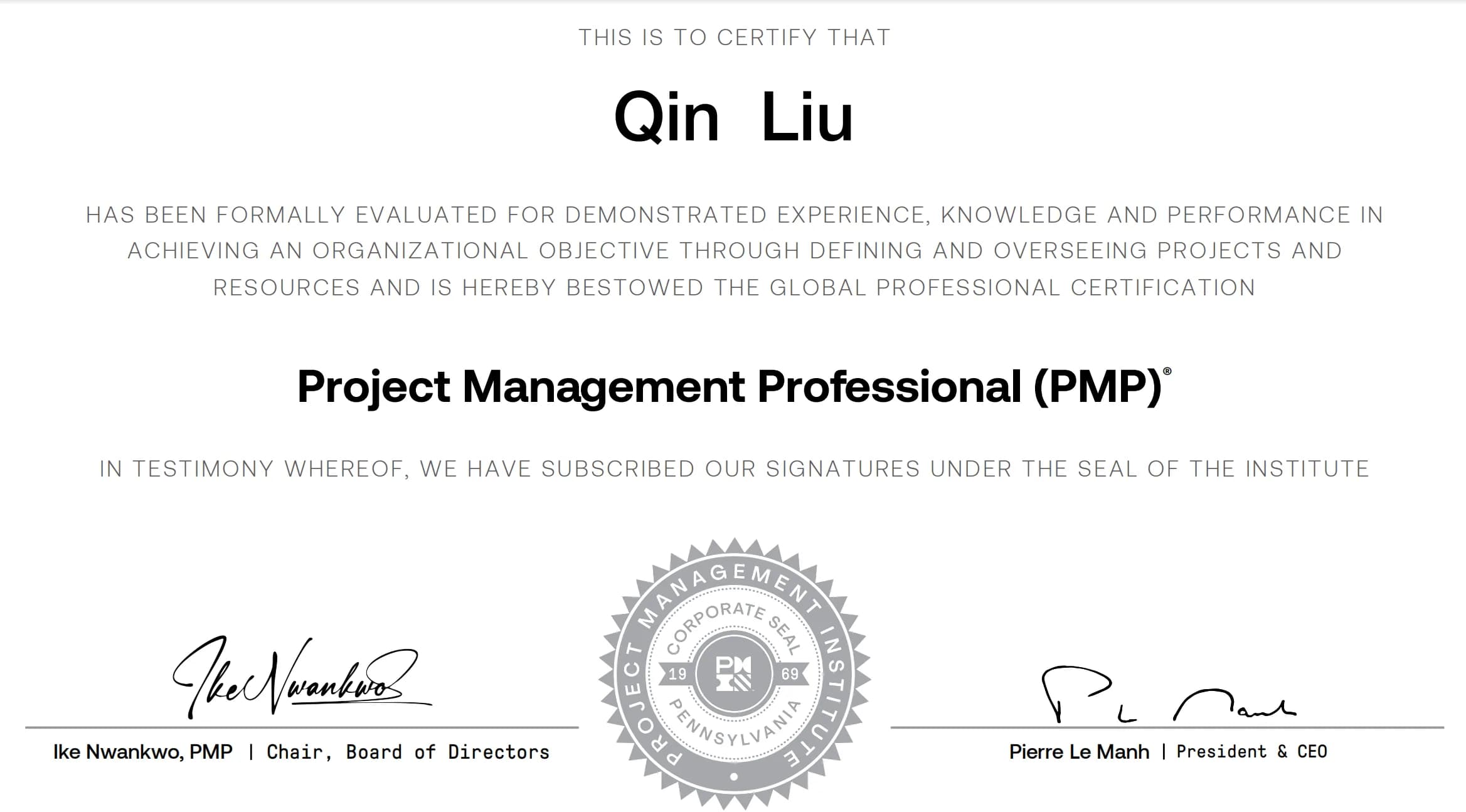 PMP Certified · Qin Liu